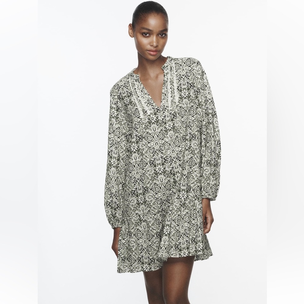 Zara printed gray green dress NWT